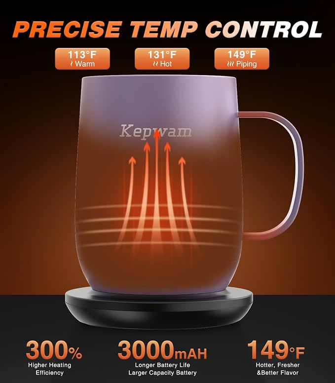 Kepwam Self Heating Coffee Mug T2, 16oz Smart Heated Coffee Mug, 150 Min Battery Life - Hot up to 149℉ Temperature Control Coffee Mug Warmer, Gifts for Dad Mom (No APP)