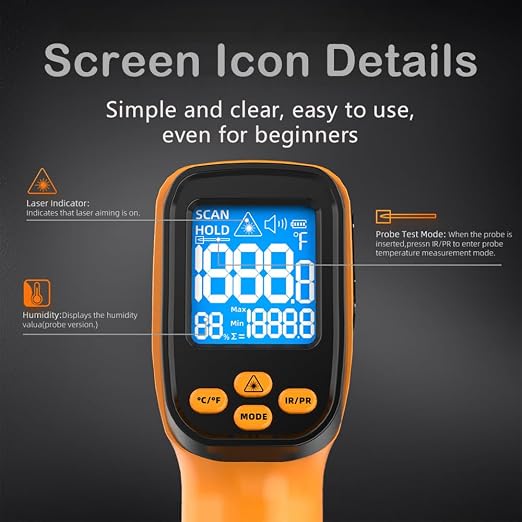 Infrared Thermometer Gun for Cooking, Non Contact Thermometers Laser Temperature Guns with K-Type Probe, 12:1 Dual-Mode Temp Gun (-58°F to 1472°F), Pizza Oven, BBQ, Home Repairs, HVAC