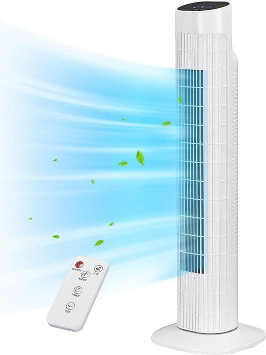 Uthfy Tower Fan for Bedroom, 120° Oscillating Standing Fan with Quiet Sleep Mode, 3 Speeds & 3 Modes, 7.5H Timer, Remote/Touch Control, Bladeless Floor Fans for Living Room, Office, White