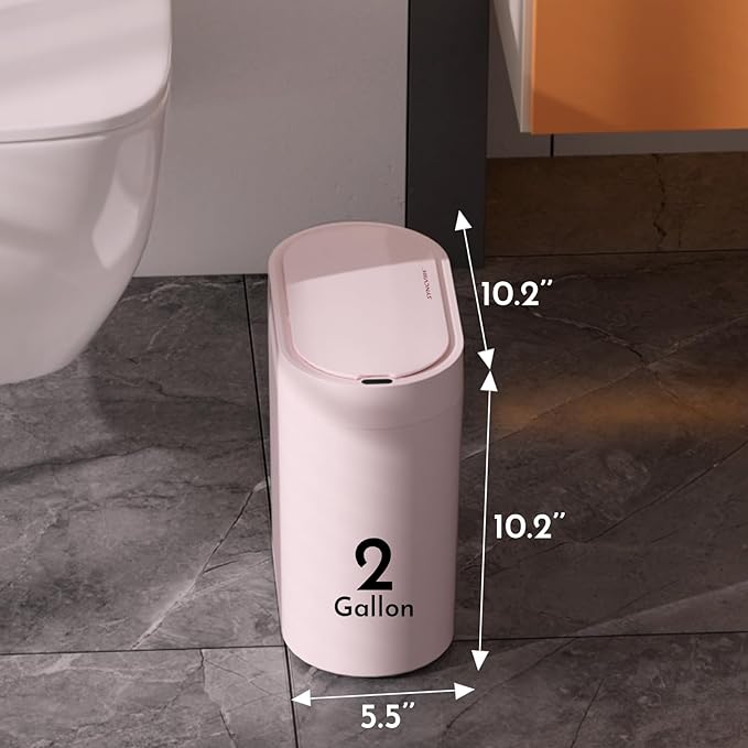 SYNCVIBE Bathroom Trash Can with Lid 2 Gallon Slim Motion Sensor Garbage Can Narrow Automatic Plastic Trash Bin for Bedroom, Living Room, Toilet, Office (Pink)
