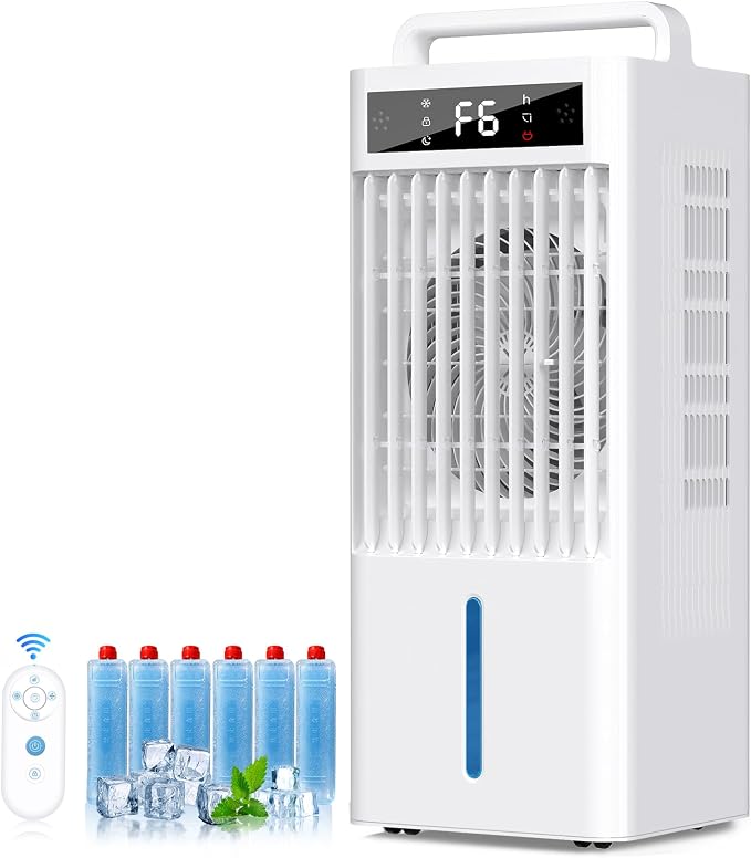 Portable Air Conditioners, 4-IN-1 Swamp Cooler, Evaporative Air Cooler, 6 Speeds & 3 Modes, 3-Gal Water Tank for Cooling, 15 FT/S Remote Control, Portable Air Cooler for Indoors Use