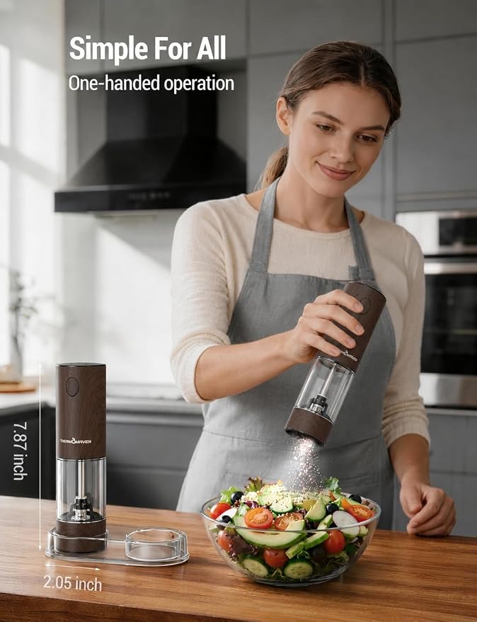 ThermoMaven Electric Salt and Pepper Grinder Set, 110ml Larger Rechargeable Automatic Salt and Pepper Mill Grinder with 6 Adjustable Coarseness, Electric Salt and Pepper Shakers, LED, Black Walnut