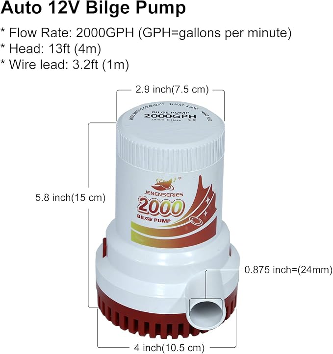 Submersible Boat 2000GPH Bilge Water Pump 12v DC water pump with float switch suitable for ferry, yacht, marine and garden drainage system (2000GPH)
