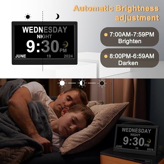 CAZOKASI Extra Large Impaired Vision Digital Alarm Clock with Day and Time for Elderly DST Calendar Clock No Battery Plug-in Power Outage Memory Auto Dimmable Clock (10.1 Inch Black)