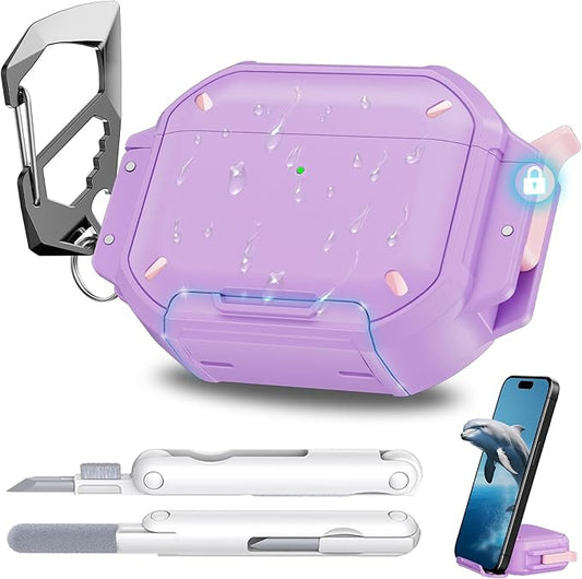 for AirPods Pro 3 Case Waterproof[IP68 Underwater][Full Heavy Duty Protection][Supports Wireless Charging] Anti-Scratch Hard Shell Cover for AirPods Pro 3rd Gen Cleaner Kit&Carabiner (Purple)