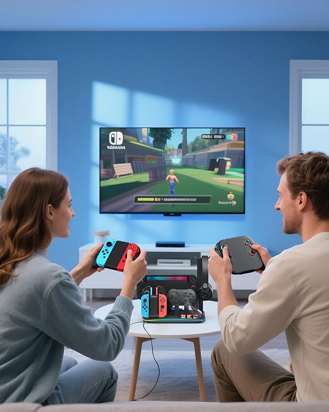 [Switch 2/1 Compatible] FASTSNAIL Charging Dock & Orgainzer Station & Cooling Fan for Nintendo Switch 2/1/OLED, Storage Stand for JoyCon 2/1 with 12 Card Slots, Controller/Headset Holder, 9 RGB Modes