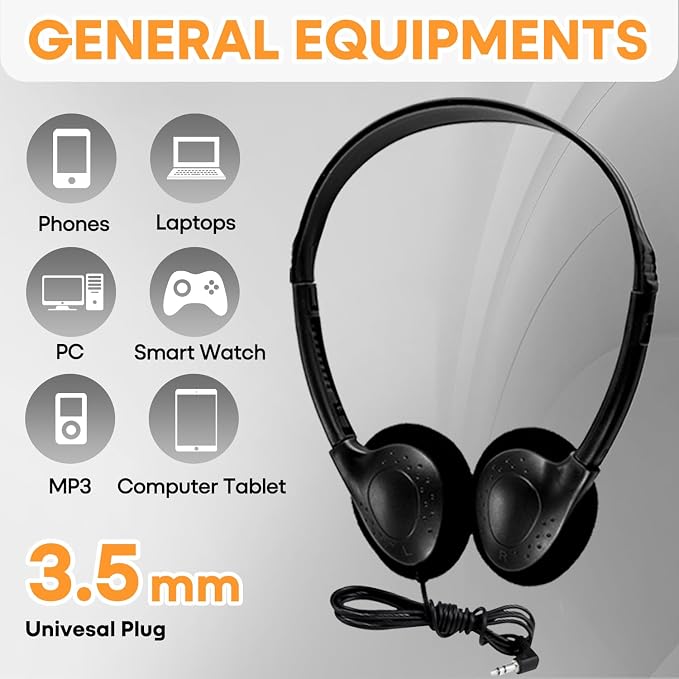 Kids Headphones Bulk 25 Pack for School Classroom K-12, Wholesale Wired Adjustable Headsets for Students Teens Children Gift and Adult (HY857,25 Black)