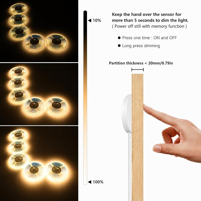 COB LED Strip Lights, 6 in 1 Dimmable Touch Control Under Cabinet Lights, 12V Under Cabinet Lighting Kit, Cuttable Self-Adhesive LED Strips for Display Cabinets, Wardrobes, Kitchen, Shelf Lighting