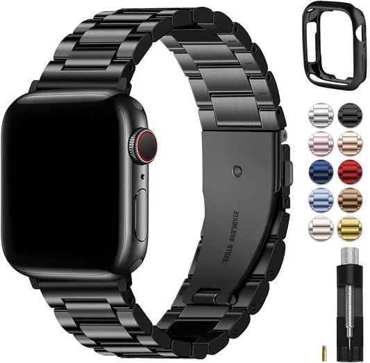 Fullmosa Metal Band Compatible with Apple Watch Bands Series 11 10 42mm, Stainless Steel Strap iWatch Band with Case for Apple Watch, Black