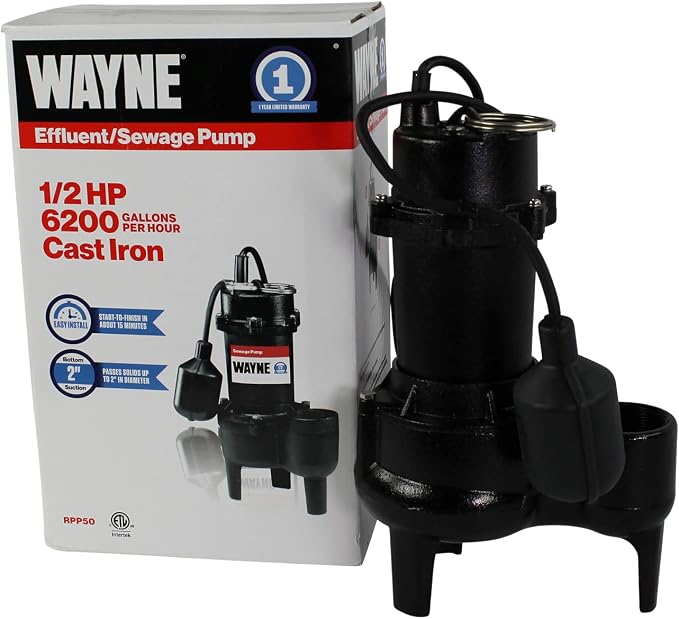 WAYNE RPP50-1/2 HP Cast Iron Sewage Pump with Piggy Back Tether Float Switch - Up to 6,200 Gallons Per Hour - Heavy Duty Sewage and Effluent Pump