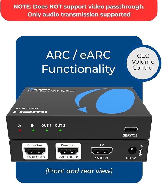 OREI eARC Audio Splitter 1 in 2 Out – HDMI ARC/eARC Audio Extractor & Splitter, Dolby Atmos, DTS:X, TrueHD, CEC Volume Control, Dual Soundbar Audio Adapter