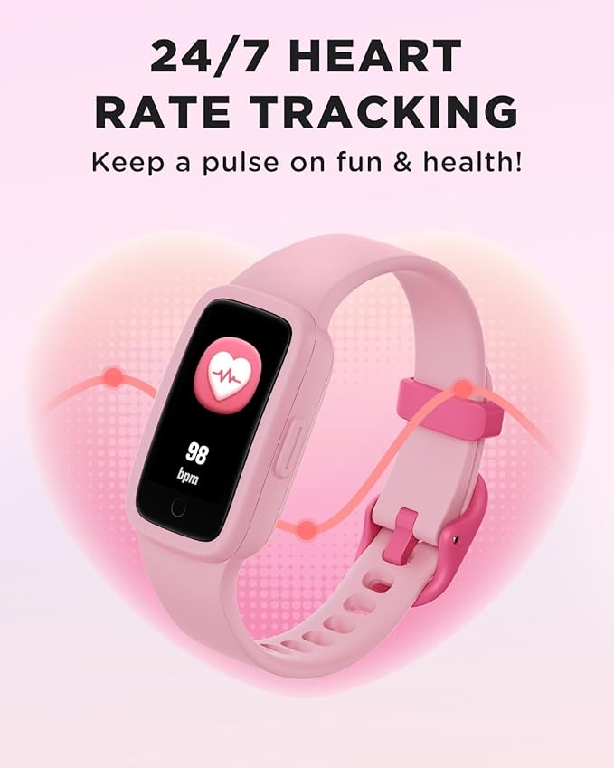 BIGGERFIVE Vigor 3 Kids Fitness Tracker Watch, AMOLED Screen, No App No Phone Needed, 3ATM Waterproof, Heart Rate and Sleep Monitor, Pedometer Watch, Sports Step Counter for Girls Ages 5-15, Pink