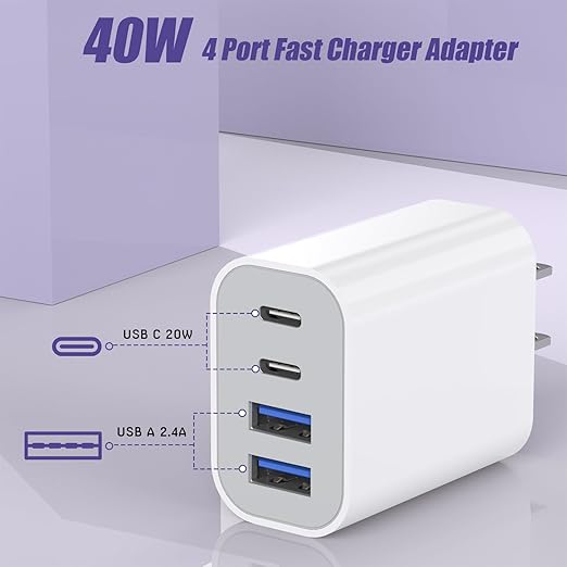 USB Fast Charging Block, 4-Port 40W Charge Adapter for iPhone Dual USB C Charger, Multiport Type C Fast Charger for iPhone 17/17 Air/16e/16 Pro/16 Pro Max/15/14/13/12,iPad Pro/iPad Air, iPad mini,iPad