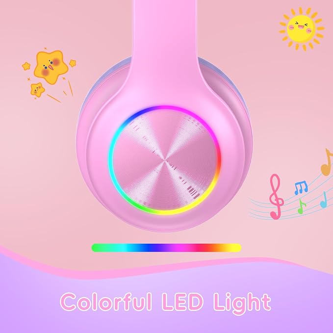 Candy Bila Kids Bluetooth 6.0 Headphones with LED Light, 85Hours Playtimes, Type-C Fast Charging, 85/94dB Volume Limited, Comfort Wireless Headphones with Built-in Mic, Wired & TF Card Mode, Pink