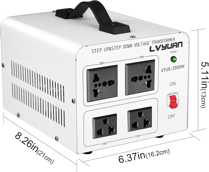 LVYUAN 2500W Voltage Transformer Converter Step Up/Down Converter 110/120 Volt - 220/240 Volt with 2 US&2 Universal Outlet and CE Certified,Circuit Break Protection