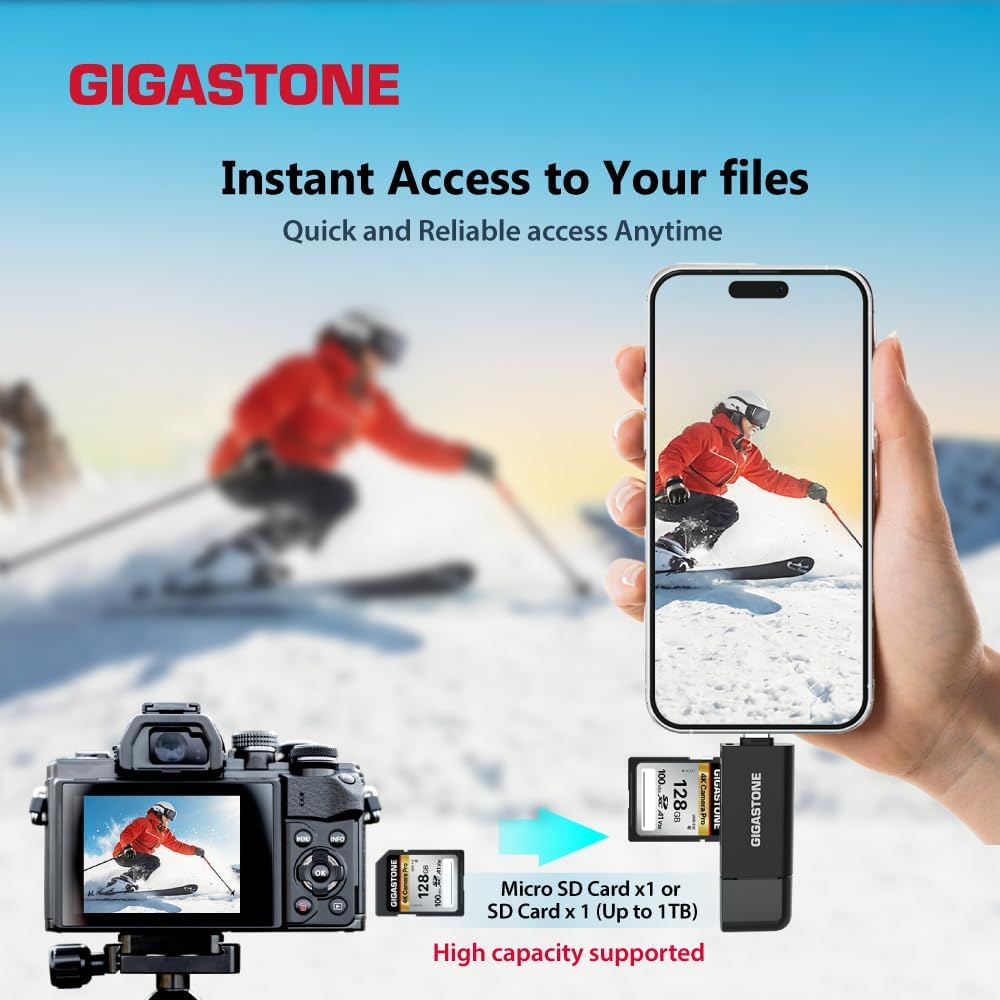 GIGASTONE SD Card Reader, 5-in-1 USB-A/USB-C Card Reader, Dual Slot for SD/Micro SD/SDHC/SDXC, Compatible with Laptop, PC, iPhone16/15, MacBook Pro/Air, iPad Pro, Android