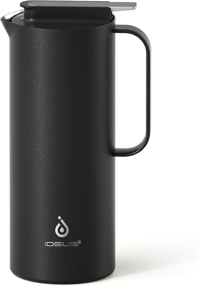 IDEUS Thermal Coffee Carafe 50oz (1,400ml), Stainless Steel Double Wall Insulated Vacuum Flask, Water Jug Coffee Server and Beverage Dispenser, Heat and Cold Retention, Black
