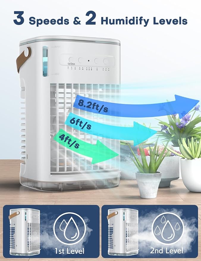 FANCOLE Small Air Conditioner, 5400mAh Battery, 2 Ice Packs Evaporative Air Cooler, 7H Smart Timer & 16.5ft Remote, 7-Color Light, 1200ML Water Tank, 3 Speed & 2 Cool Mist Portable AC Unit for Bedroom