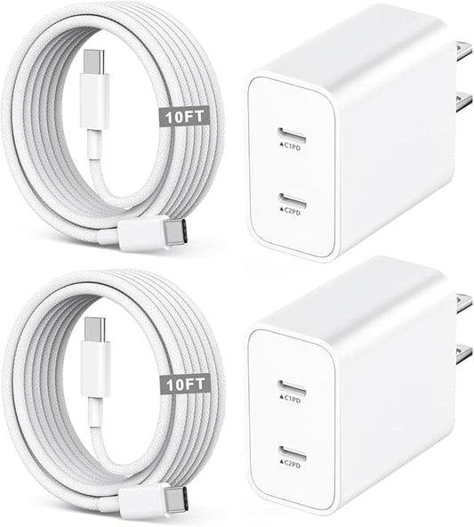 iPhone 17/16/15 Fast Charger,2-Pack USB C 2in1 Dual PD Charging Block with 10FT Long Type C to C Woven Charger Cable for Apple iPhone 17e/17 Pro Max/17 Pro/Air/iPhone 16 Pro Max/16e/15 Pro/15 Plus