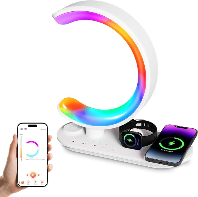 4 in 1 Bluetooth Speaker Night Light with Wireless Charger, Atmosphere Lamp with 24 Soothing Sounds, 16M+ Colors & App Control, Smart Light Sound Machine for Bedroom Home Decor (White)