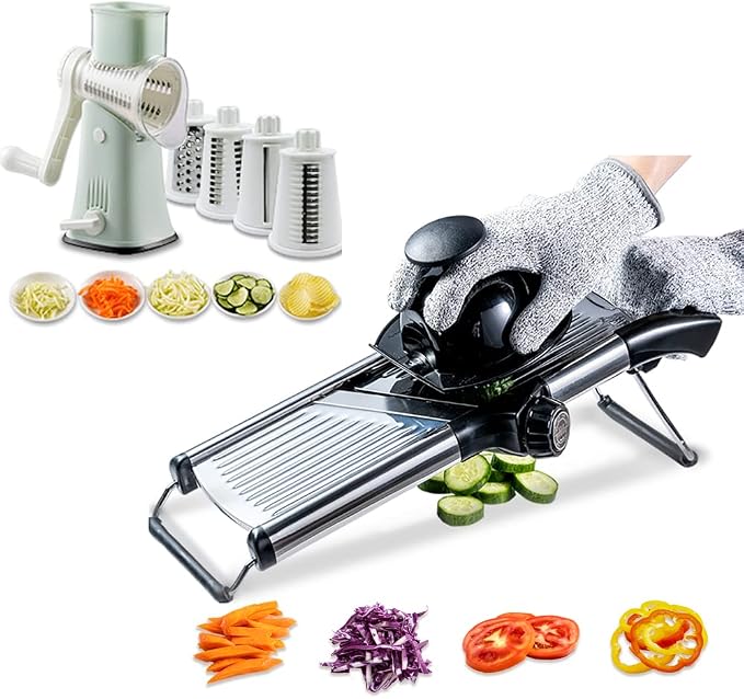 VEKAYA 5 in 1 Rotary Cheese Grater and Stainless Steel Madoline Slicer