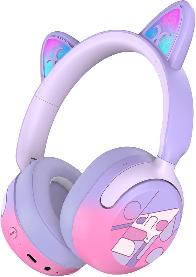 Candy Bila Kids Bluetooth Headphones with LED Cat Ears, Active Noise Cancelling Headphones, 85dB Safe Volume, 40H Play Time, Bluetooth 6.0, Built-in Mic for iPad/Tablet/Airplane, Purple