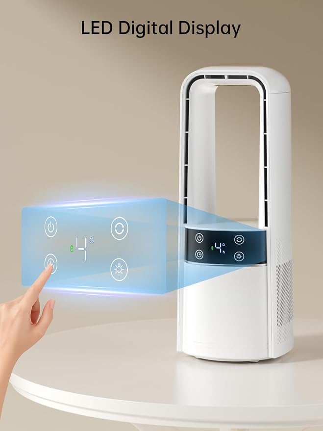 Desk Fan Bladeless, 120° Oscillating Fan Rechargeable, Quiet Fan with Night Light, Smart LED Touch Control, 4 Speed & 9H Timer, Small Table Fan, Auto Display Off, Ideal for Home, Office, Study Room
