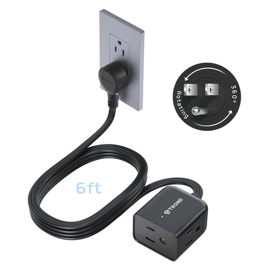 TROND 360° Rotating Flat Plug Extension Cord 6ft, Low Profile Small Power Strip, 3 Side Grounded Outlet, 13A, SPT 16/3 Gauge Cable for Indoor Home Office Kitchen Cruise Travel Essentials, Black