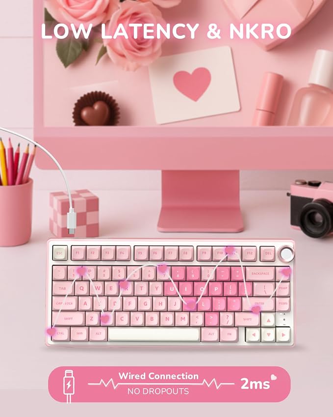 RK ROYAL KLUDGE R75 Mechanical Keyboard Wired with Volume Knob, 75% Keyboard Gasket Mounted, Hot Swappable, Creamy Sound, MDA Profile, PBT Keycaps, Pink