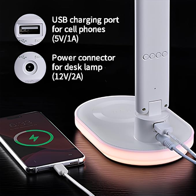 IHAO Luxury Multifunctional LED Desk Lamp10W Qi Wireless Charger Digital Alarm Clock Ambient Light & Temperature Display Adjustable Eye-Care Table Lamp with Leather Texture Design Table Lamp-U20 White
