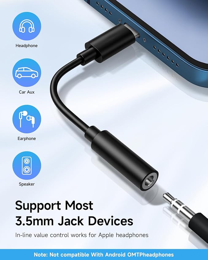Apple MFi Certified 3 Pack Lightning to 3.5 mm Headphone Jack Adapter for iPhone, iPhone Aux Adapter Converter Dongle Audio Cable Compatible with iPhone 14 13 12 11 X XS 8 7 Black