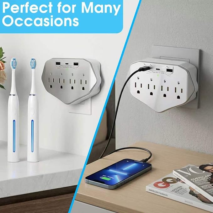 1080P WiFi Wall Outlet Camera, Indoor Surveillance Cam with Multi-Port Charger, 4 AC Outlets, USB & Type-C Ports, Motion Detection, Loop Recording, Remote View