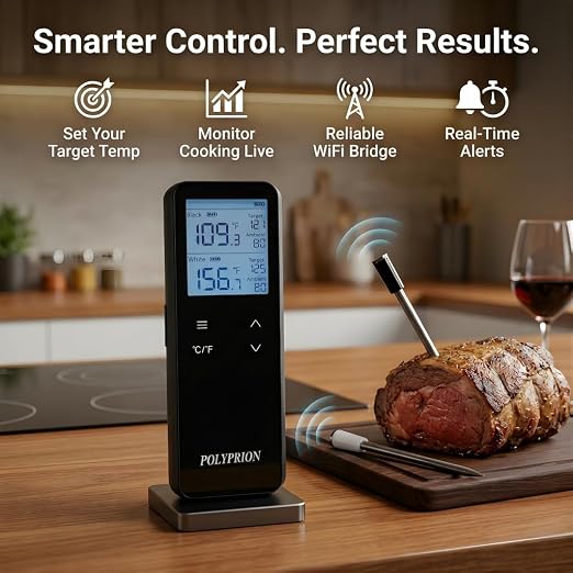 Smart Wireless Meat Thermometer with WiFi & Bluetooth, 2 Probes with 6 Sensors Each, App-Controlled Real-Time Monitoring, IP67 Waterproof for BBQ, Grill, Oven, Smoker, Air Fryer & Rotisserie