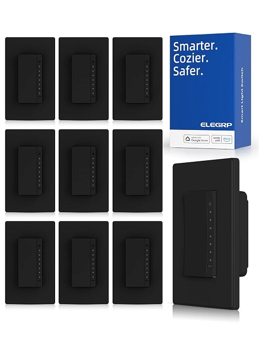 ELEGRP Smart Dimmer Light Switch DPR30, 2.4GHz Wi-Fi Dimmer Switch Compatible with Alexa and Google Assistant, Single Pole/3 Way, Needs Neutral Wire, No Hub Required, UL Listed, Matte Black, 10 Pack