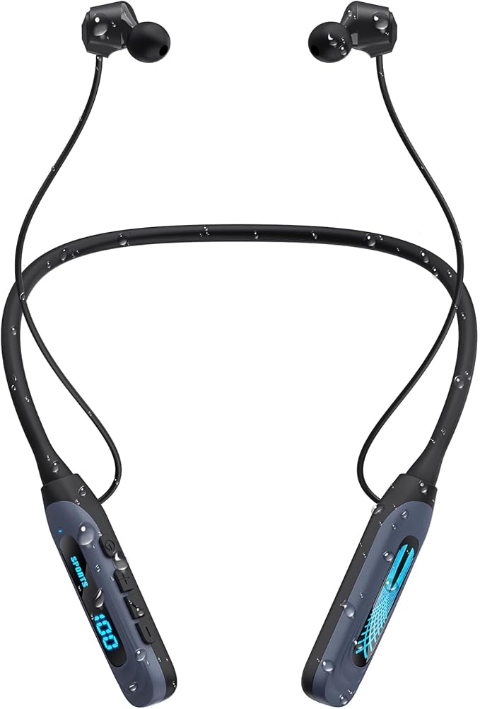 JL&MI Neckband Bluetooth Headphones, Wireless Sport Earphones with 80-Hour Battery and LED Display, Bluetooth 5.4 Magnetic Earbuds, Comfort Fit for Running, Gym, Travel,(Gray)