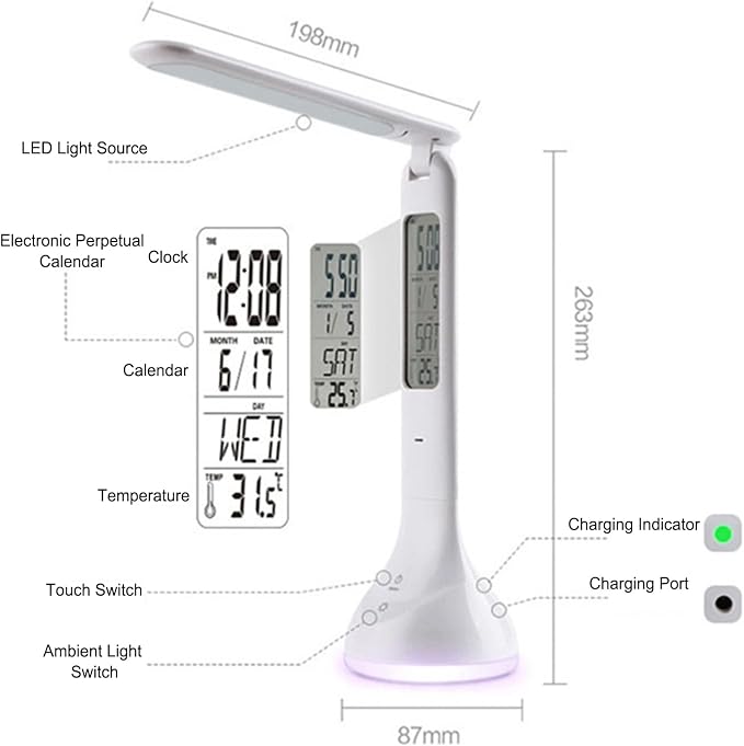 Smart Bedside Lamp with Transparent Display, RGB Dimmable Desk Light, 180° Foldable, Built-in Battery, Multi-Function with Clock/Date/Temperature Alarm,T19 White.