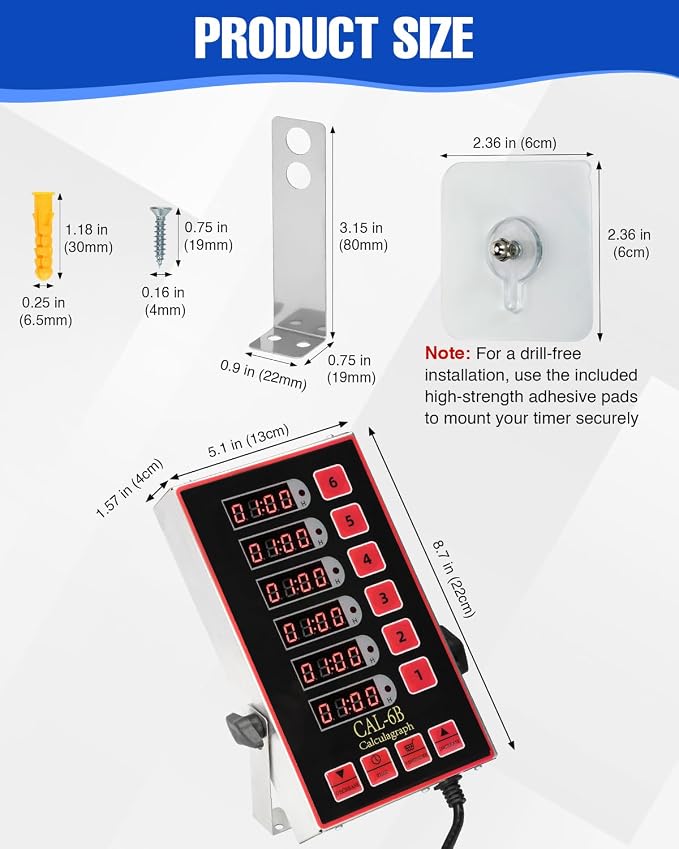Commercial Kitchen Timer for Cooking, 6 Channel Timer Restaurant Kitchen Supplies, Heavy-Duty Timer - Stainless Steel | Digital LED Technology | Reminder Function | Loud Alarm