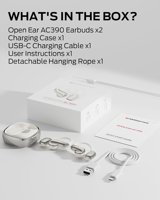 Monster Open Ear AC390 Headphones, Bluetooth 6.0 Ear Buds with Stereo Sound, IPX5 Waterproof, Wireless Headphones 24H Playtime, Rotating Charging Case with Lanyard, Ultra-Light Open Ear Earbuds