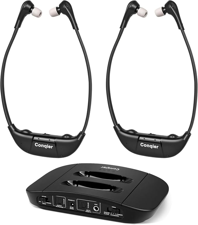 Conqier Dual TV Wireless Headphones - Dialogue Clear & 164FT Range, 3 TONE, Peacefully Watch Together, Wireless TV Headsets for Seniors, Audio Bypass to Soundbar, Left/Right Balance, Individual Volume
