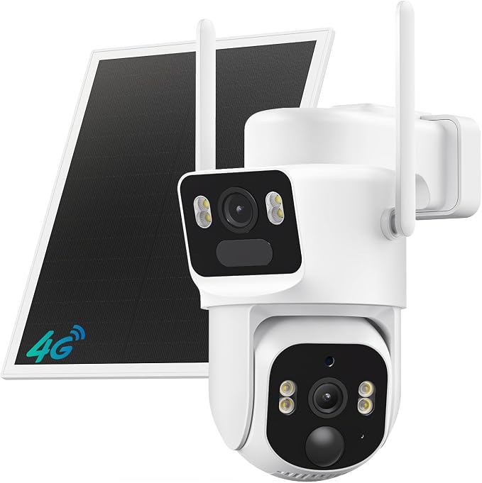 ELYSOO Dual Lens 4G LTE Cellular Security Camera, 2K HD Video, No WiFi Needed, 360° View Camera with Night Vision, Easy to Install, PIR Alarm, Built-in SIM Card(Supports Verizon/AT&T/T-Mobile) - White