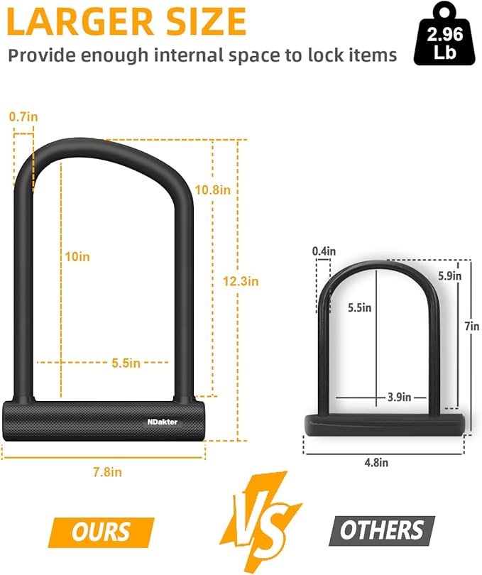 NDakter Large Bike Locks Heavy Duty Anti Theft, 18mm Thick, Motorcycle Wheel Lock with 3 Keys, for Ebike, Escooter, Fat-Tire and Dirt-Bike