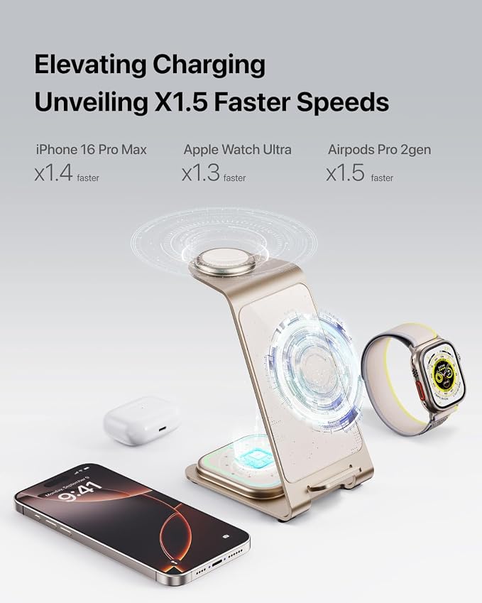 Intoval Aluminum 3 in 1 Wireless Charging Station for iPhone 17 16 15 14 13 12 11 Pro Max XR, Wireless Charger for Apple Watch 11 10 9 8 7 Ultra SE 3 2, Phone Charger for AirPods 4 Pro 2 3 (Desert)