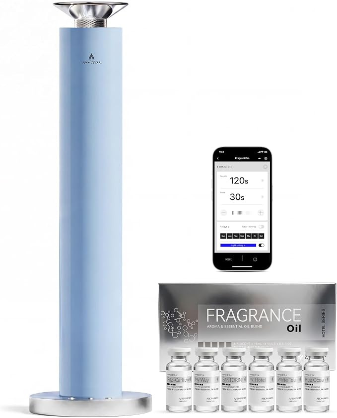 Waterless Scent Diffuser Starter Kit - Alloy Atomization System, Smart Rechargeable Hotel Scent Diffuser, 1500 Sq Ft Coverage, Including 6×15ml Essential Oils, for Home, Large Room, Spa, Pastel Blue