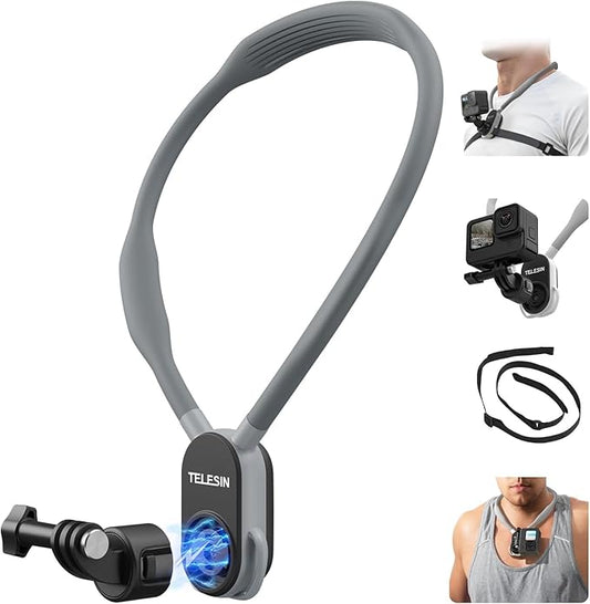 TELESIN S2 Plus Magnetic Neck Mount Quick Release with Fixing Chest Strap, Necklace Lanyard Strap Holder for GoPro 13 12 11 10 9 8 Max Insta360 X5 X4 X3 GO3 Ace DJI Osmo Action 3 4 5 Pro Accessory