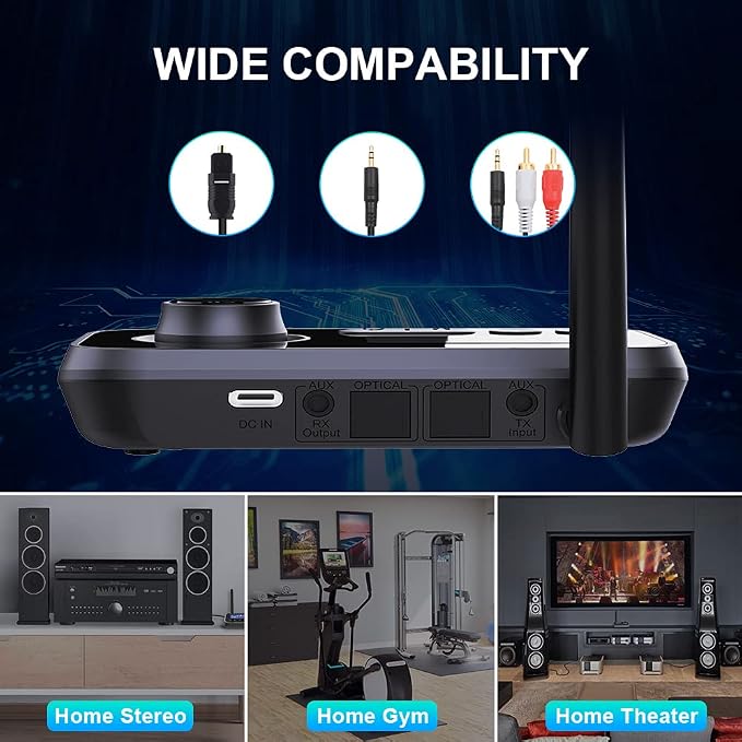 Bluetooth 5.3 Transmitter Receiver for 2 Headphones 3-in-1 Audio Adapter with Bypass Low Latency LCD Display ON/OFF Switch Volume Control Optical AUX RCA for Headphone Speaker TV Home Stereo