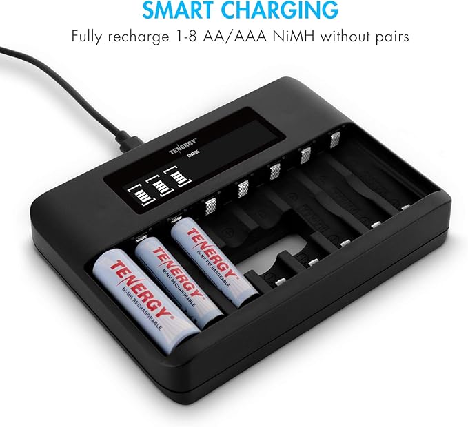 Tenergy TN480U 8-Bay LCD Display Fast Charger for NiMH/NiCD AA AAA Rechargeable Batteries with 4pcs 2500mah AA and 4pcs 1000mah AAA Rechargeable Batteries