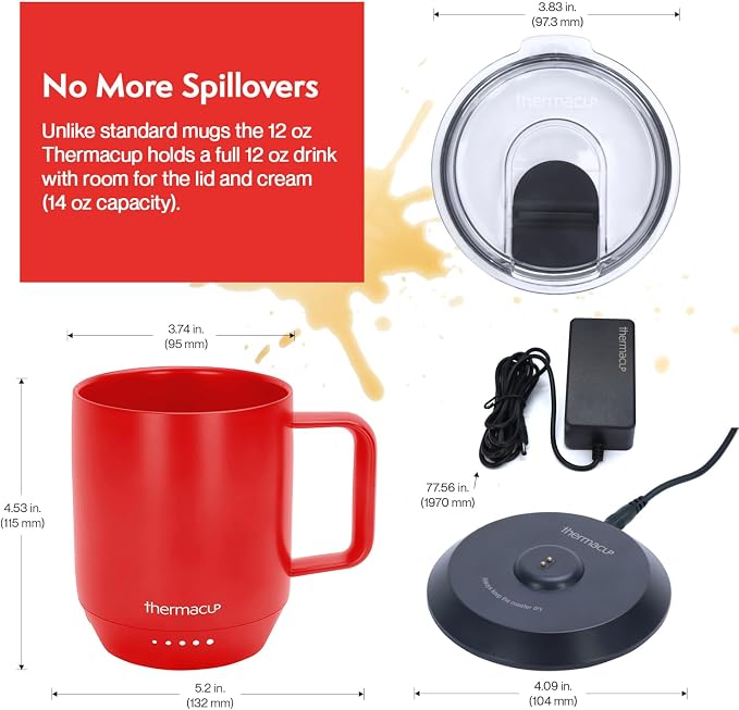 THERMACUP Premium Self Heating Coffee Mug, Temperature Controlled Heated Cup, Long Battery Life, Portable Electric Mug Warmer, Stainless Steel, Gift for Coffee Lovers, Home & Office (Cherry Red)