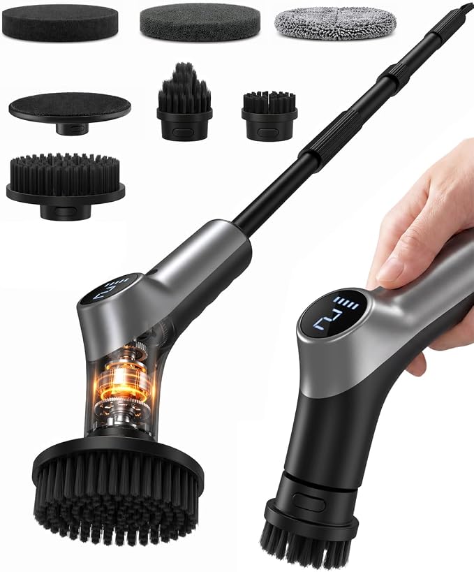Electric Spin Scrubber for Bathroon,IPX7 Cordless Cleaning Brush with 6 Replaceable Brush Heads,120 Mins Runtime Power Shower Scrubber with Adjustable Extension Handle and Durable Brush Head for Tub