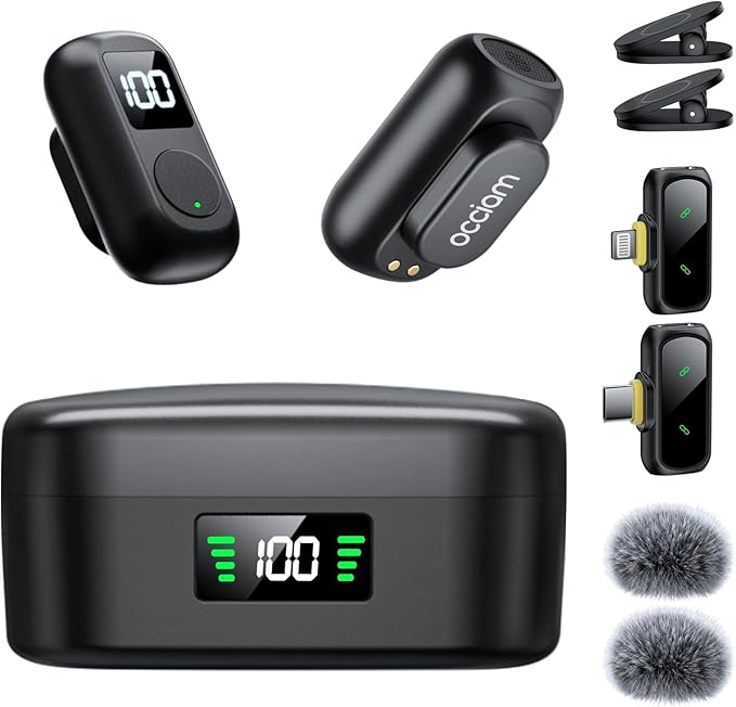 occiam Mini Lavalier Microphone for iPhone & Android Wireless Microphone Noise Reduction Magnetic Mini Lapel Mic with 54H Charging Case for YouTube Podcast Tiktok Vlogging Video Recording Black