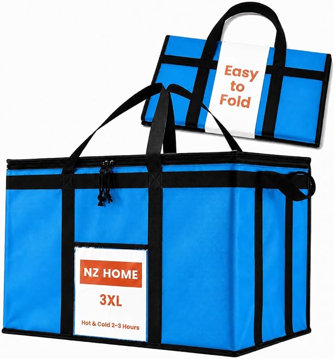 NZ home Insulated Bags for Food Delivery (3XL) Grocery Shopping Cooler Bag, Pizza Delivery, Hot & Cold Catering Tote, Reusable, Foldable & Heavy Duty (Blue)